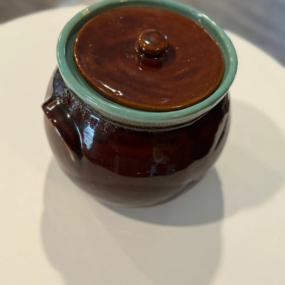 Vintage Ceramic Crock‎ Bean Pot Jar Brown Turquoise Lid Hull Pottery ****Lid****